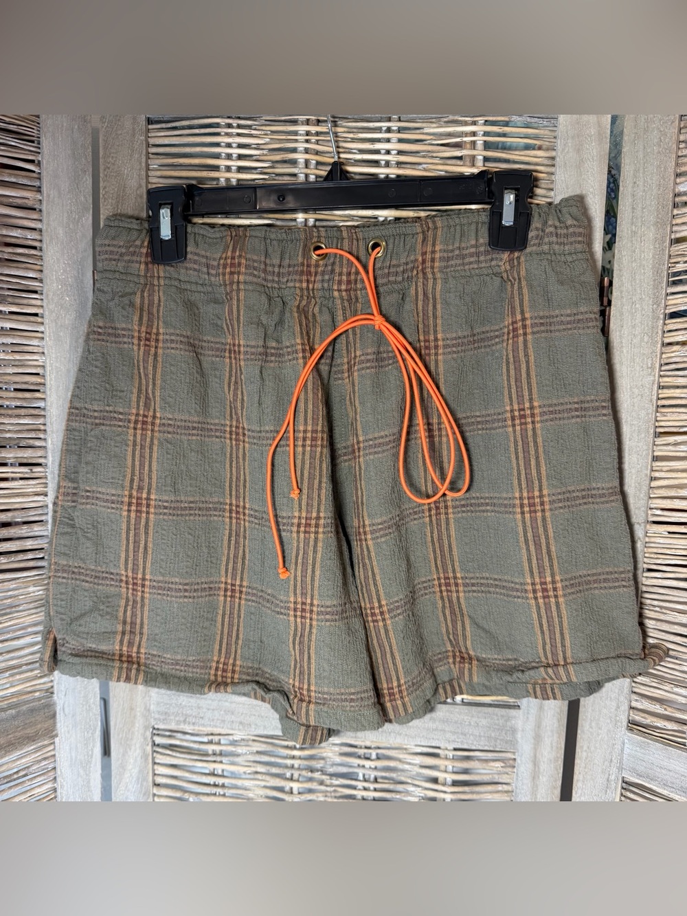 Green Plaid Drawstring Shorts with Orange Cord